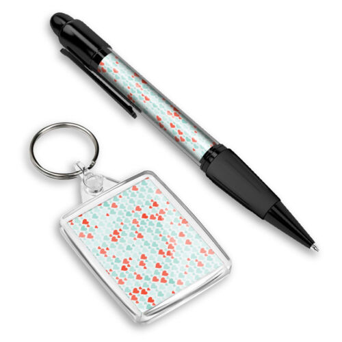 1 Pen & 1 Rectangle Keyring Red & Blue Heart Pattern Valentines Day #170334 - Picture 1 of 1