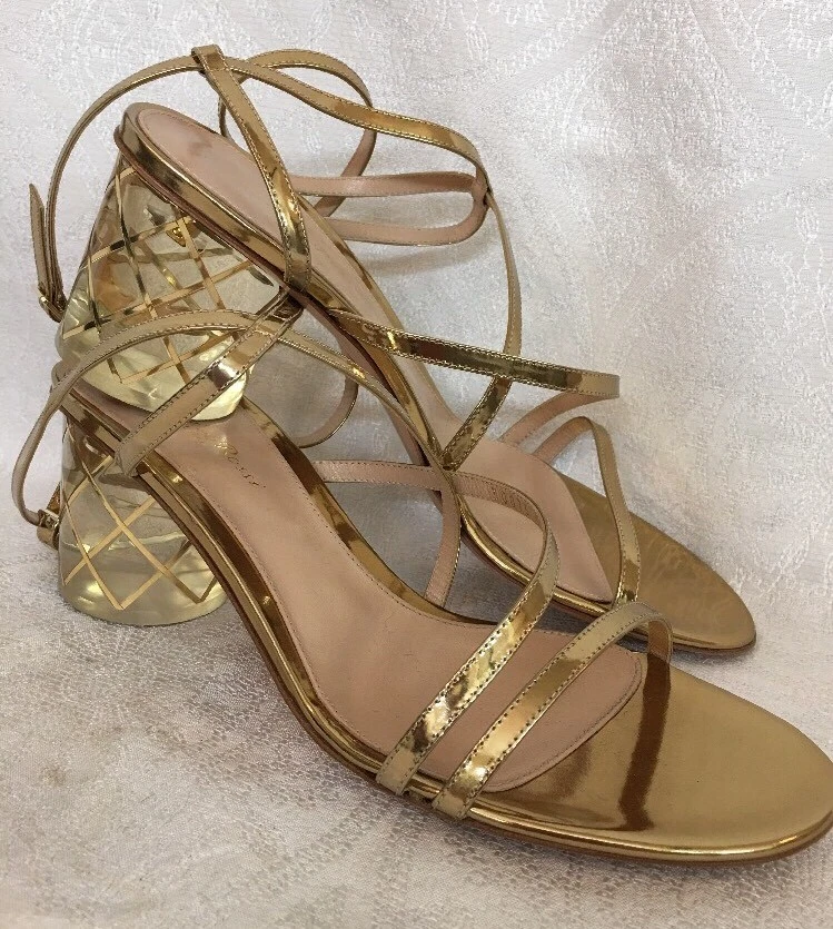 Gianvito Rossi Sandle Gold Metallic Ankle Strap Lucite Heel Size 40 NEW