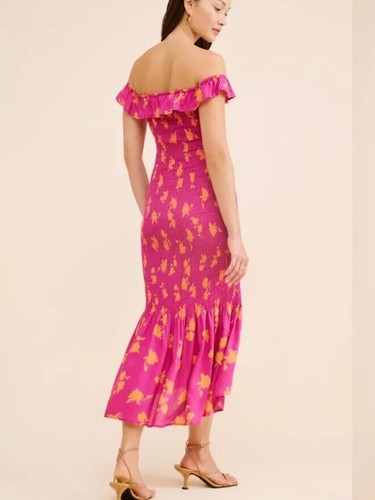 NWT Anthropologie Celandine Off Shoulder Smocked Midi Dress Pink Orange Floral M - Picture 3 of 5