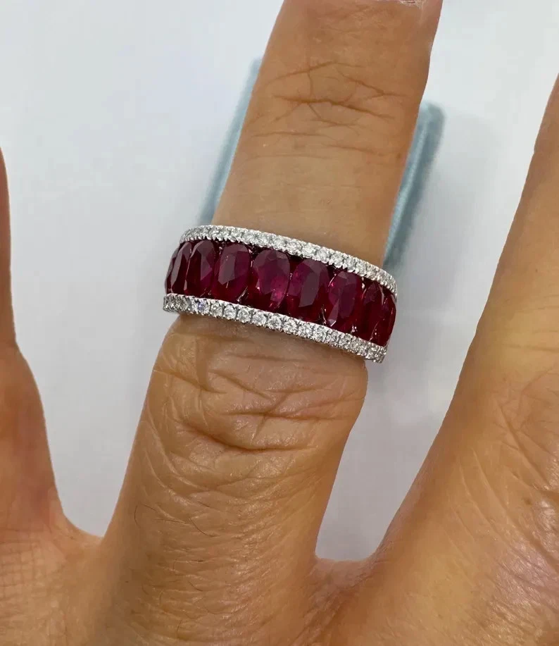 2.83Ct Oval Cut Lab-Created Red Ruby Art Deco Wedding Band 14K White Gold Plated - Image 3 of 4