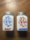 Vintage Hazel Atlas Milk Glass Salt & Pepper Shakers Red & Blue Sailboats