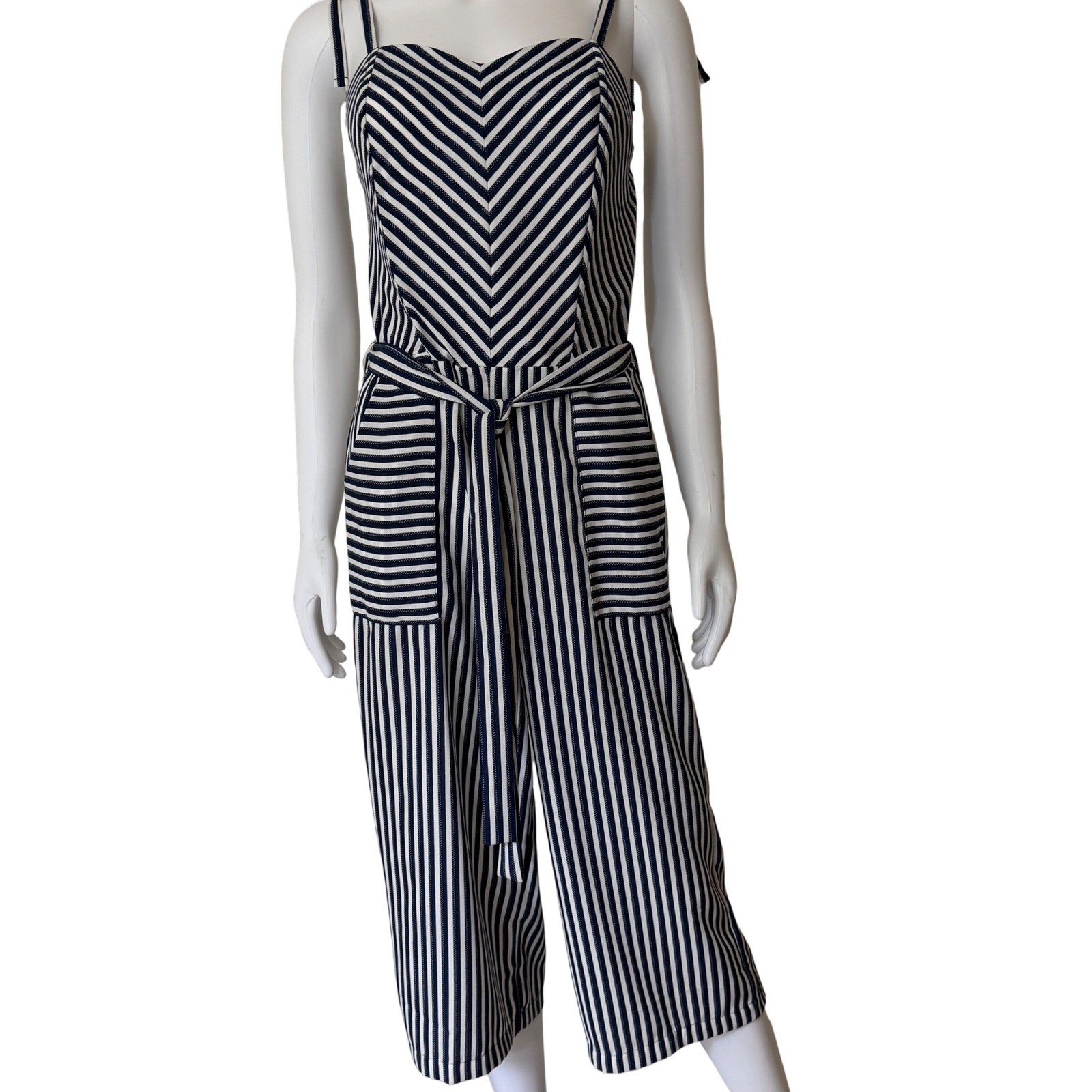 Mono Monteau Los Angeles Azul Marino Blanco Rayas Pierna Ancha Culottes Mediano