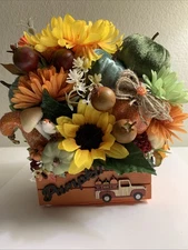 Fall Autumn Small Wood Crate Tiered Tray Table Decor Fabric Pumpkins Florals New