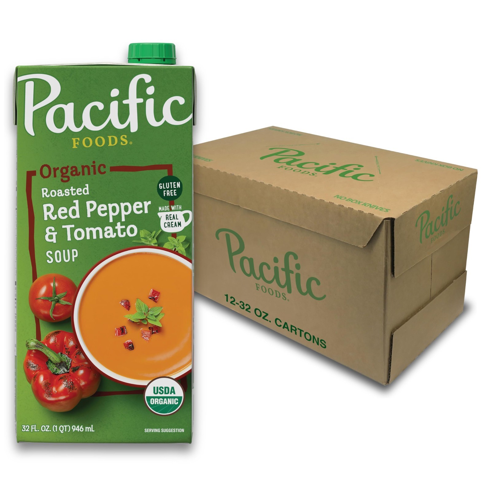Organic Roasted Red Pepper Tomato Soup - 32 oz Carton, Pack of 12, Vegan, Gluten