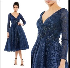 Mac Duggal Size 10 Navy Lacy Tea Length 3/4 Sleeve Aline 11218 $698 Dress