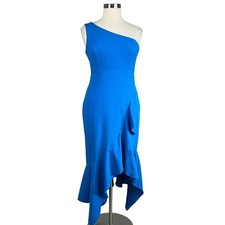 XSCAPE Women's Cocktail Dress Size 16 Blue One Shoulder Ruffled High Low Sheath
