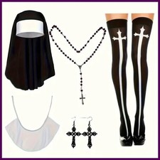 Nun Costume Accessory Set with Catholic Nun Costume Hat, Nun Collar, Cross