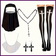 Nun Costume Accessory Set with Catholic Nun Costume Hat, Nun Collar, Cross
