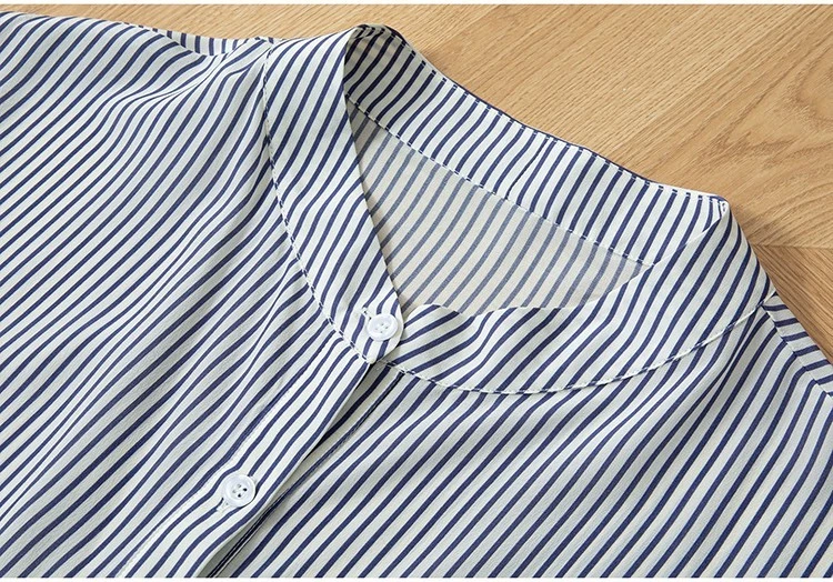 Camisa Blusa Top Mujer 100% Seda Morera Azul Blanco Rayas Media Manga FF033 Foto 4 de 4