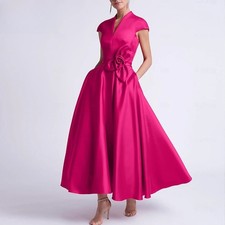 Trendy Satin Mother of The Bride Dress Cap Sleeve V Neck A-Line Party Gowns