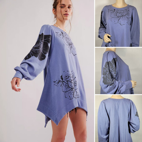 NEW SOLD OUT Free People Blue Lounge Flowers Sweatshirt NWT M - Picture 1 of 7