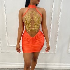 Medium Orange Sheer Mini Dress with Gold Detail – Halter Bodycon