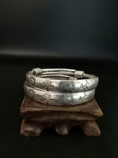 Collectible Copper Tibet Silver Carved Peace Pair Adjustable Bracelet Bangle