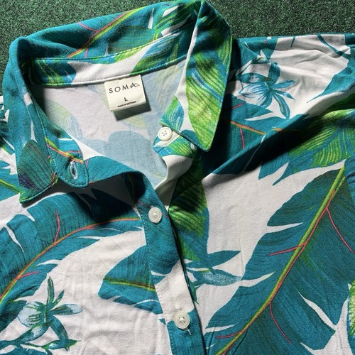 SOMA Cool Nights Short Sleeve Pajama Lounge Top LARGE Button Lush Leaves Palms