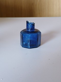 Old Octagonal Cobalt Blue Shear Lip Glass Ink Bottle