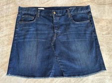 Gap 1969 Women's Zipper Fly Blue Denim Skirt Sz 16 Stretch Cotton Raw Hem EUC