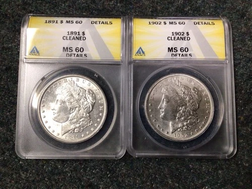 Lot of 2 Morgan Dollars 1891-P & 1902-P Both ANACS MS60 Details Better Dates 052