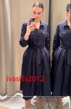 ZARA NEW WOMAN BNWT FW25 BELTED ZW POPLIN SHIRT DRESS NAVY BLUE 8622/654/401