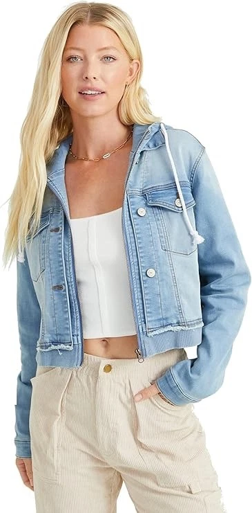 Altar'd State Rosey Denim Jean Jacket Light Wash Cropped Zip Hoodie