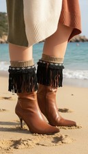 Women Western Black Boot Topper Cover Faux Suede Leather Long Fringe Pair