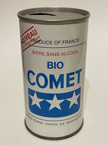 Comet empty near-beer can, straight steel, France, OI on lid