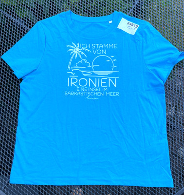 Mooinzen T- Shirt Damen L NEU hell blau Ich stamme von der Insel Ironien BIO BW
