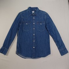 Levis Denim Shirt Mens Small Blue Pearl Snap Western Cowboy Dark Wash