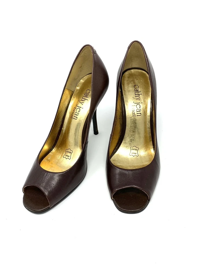 Cathy Jean Brasil Tacones Altos Pump Peep Toe Dorado Borgoña Marrón Talla 6 Mujer Foto 2 de 4