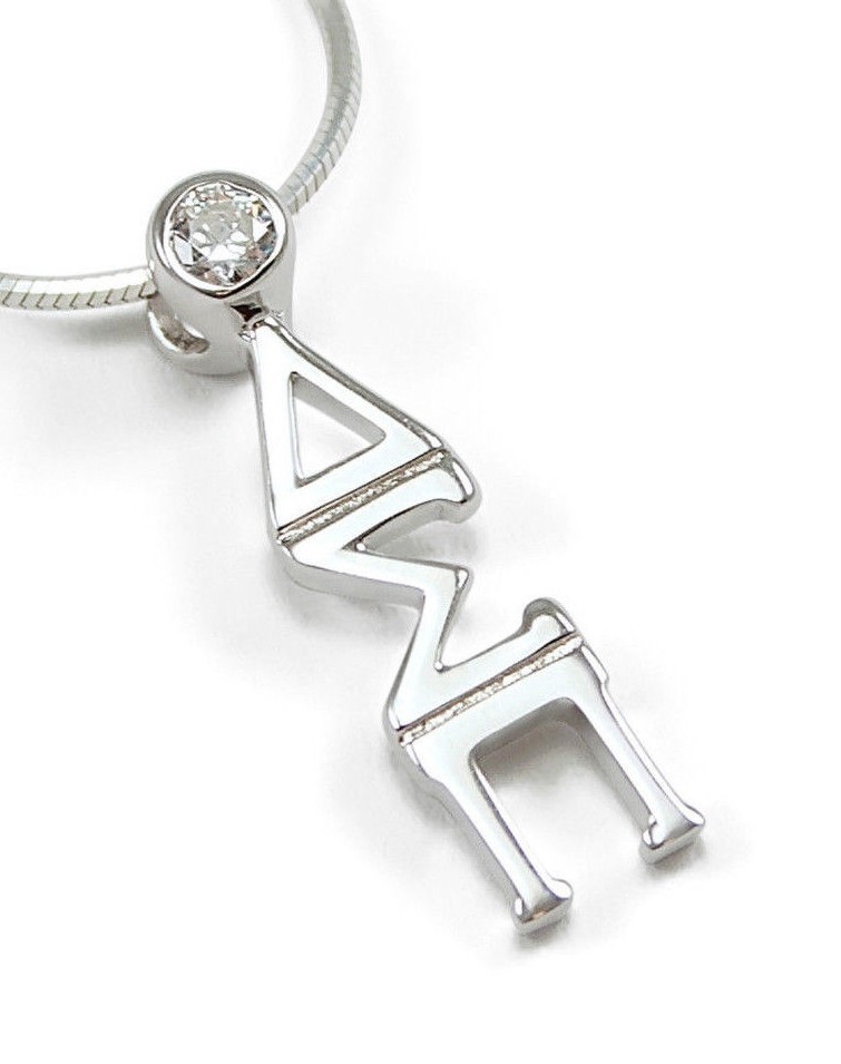 Alpha Sigma Phi Sterling Silver Lavaliere Pendant With CZ Stones - 20" Rhodium Snake Chain, Fraternity Jewelry - View #2