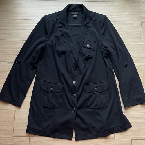 Lane Bryant Black Knit Long Suit Jacket 4 Button Roll Up Sleeves Womens Size 16 - Picture 4 of 7