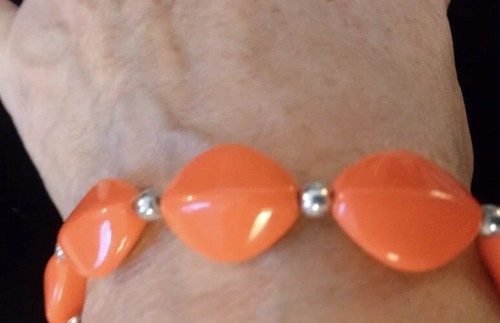 Two Orange Lucite Beads W/ Silver Spacers Stretch Bracelet Fits 7-1/2" - Picture 7 of 8