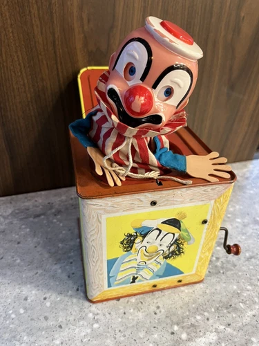 Vtg. 1961 Matty Mattel Tin Clown “Jack In The Box” Metal Toy.(music Not Working