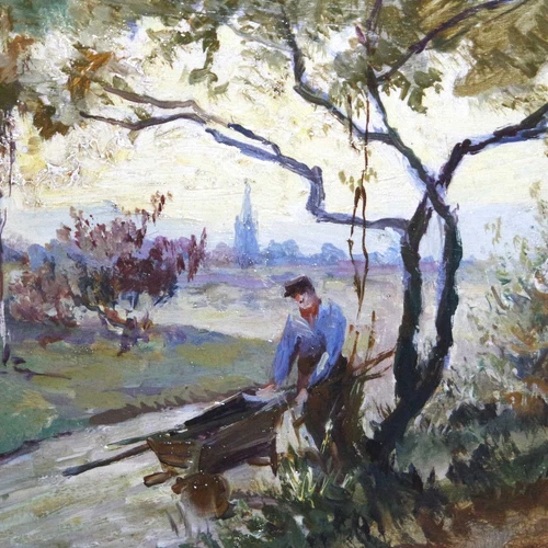 Belgischer Maler um 1930 unleserlich signiert Mann mit Schubkarre an einem Fluss - Bild 1 von 9