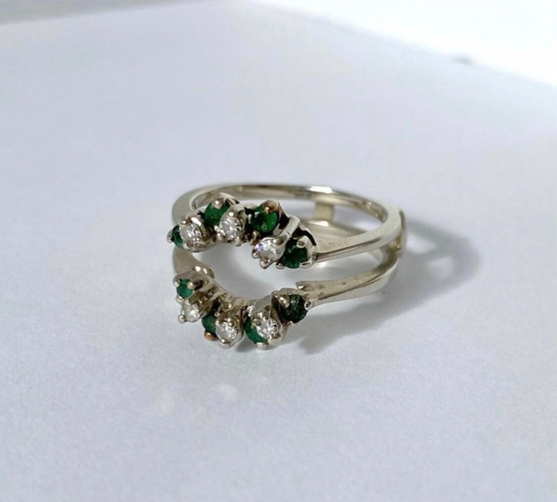 Vintage 14K White Gold Emerald and Diamond Ring Guard Enhancer SZ