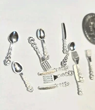Miniature 12 Piece Set Metal Silver Flatware Silverware 1:12 Doll Dollhouse Lot