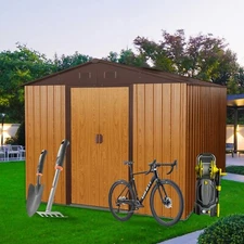 8' x 10' Outdoor Metal Storage Shed with Vents & Sliding Doors Lockable Brown