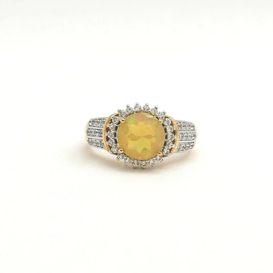 10k Gold Natural Jelly Opal White Topaz Halo Setting Semi Mount Ring sz7 - Image 2 of 4