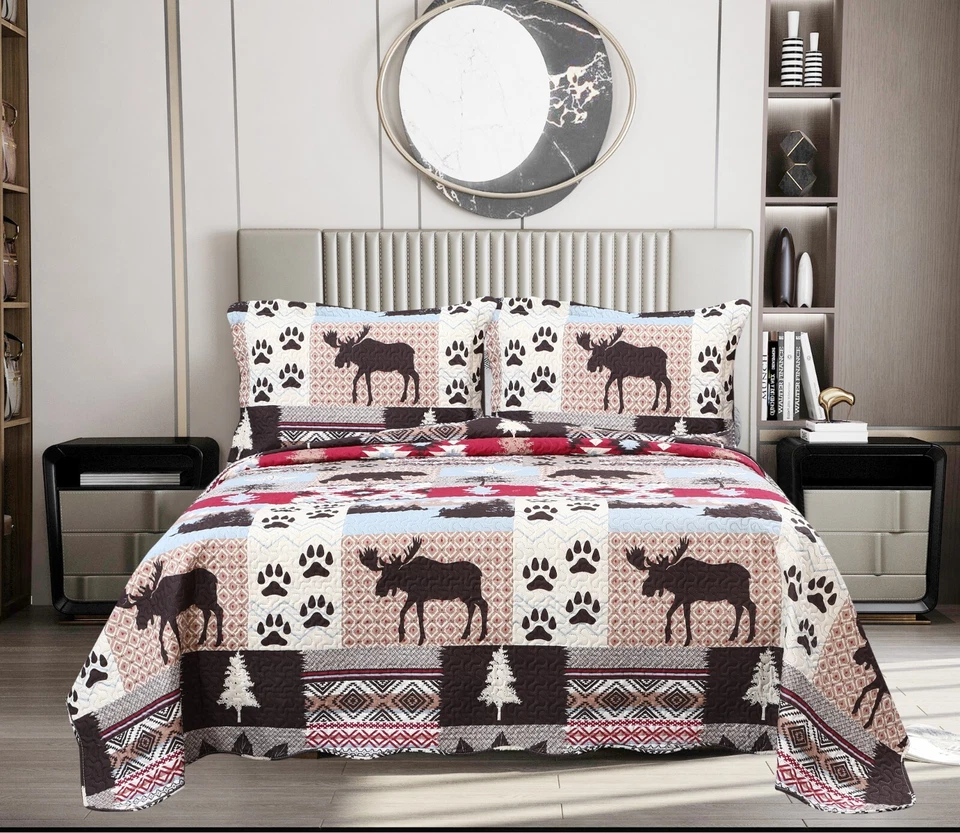 Juego de colcha colcha edredón estampado pinsonico en relieve, cabina rústico alce oso Foto 2 de 4