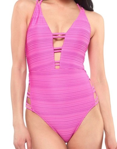 Jessica Simspon L43649 Fuschia Ribbed Plunge Strappy One-Piece Swimsuit Size S - Picture 3 of 3
