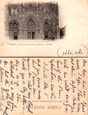 Tours Le Grand Portail de la Cathedrale Postcard France Vintage Handwritten Back