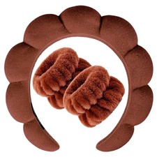 Terry Spa Headband  Wristband Set Padded NonSlip Makeup Band Dark Brown