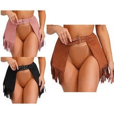 Women Disco Fringe Skirt Double Buckles Tassel Trim Western Cowgirl Mini Skirts