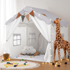 Kids Play Tent 2 in 1 with Padded Mat and Lights, Large Kids Playhouse with 2 Do