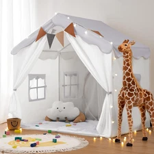 Kids Play Tent 2 in 1 with Padded Mat and Lights, Large Kids Playhouse with 2 Do