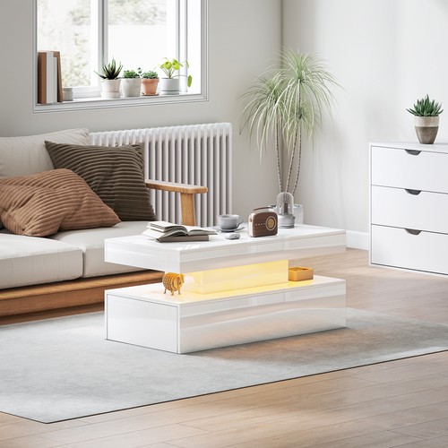 HOMCOM LED Coffee Table with Storage, High Gloss Living Room Table, White - Picture 2 of 11