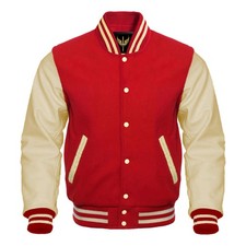 Men Bomber Varsity Jacket Classic Letterman Red  Cream Baseball Jacket For Mens