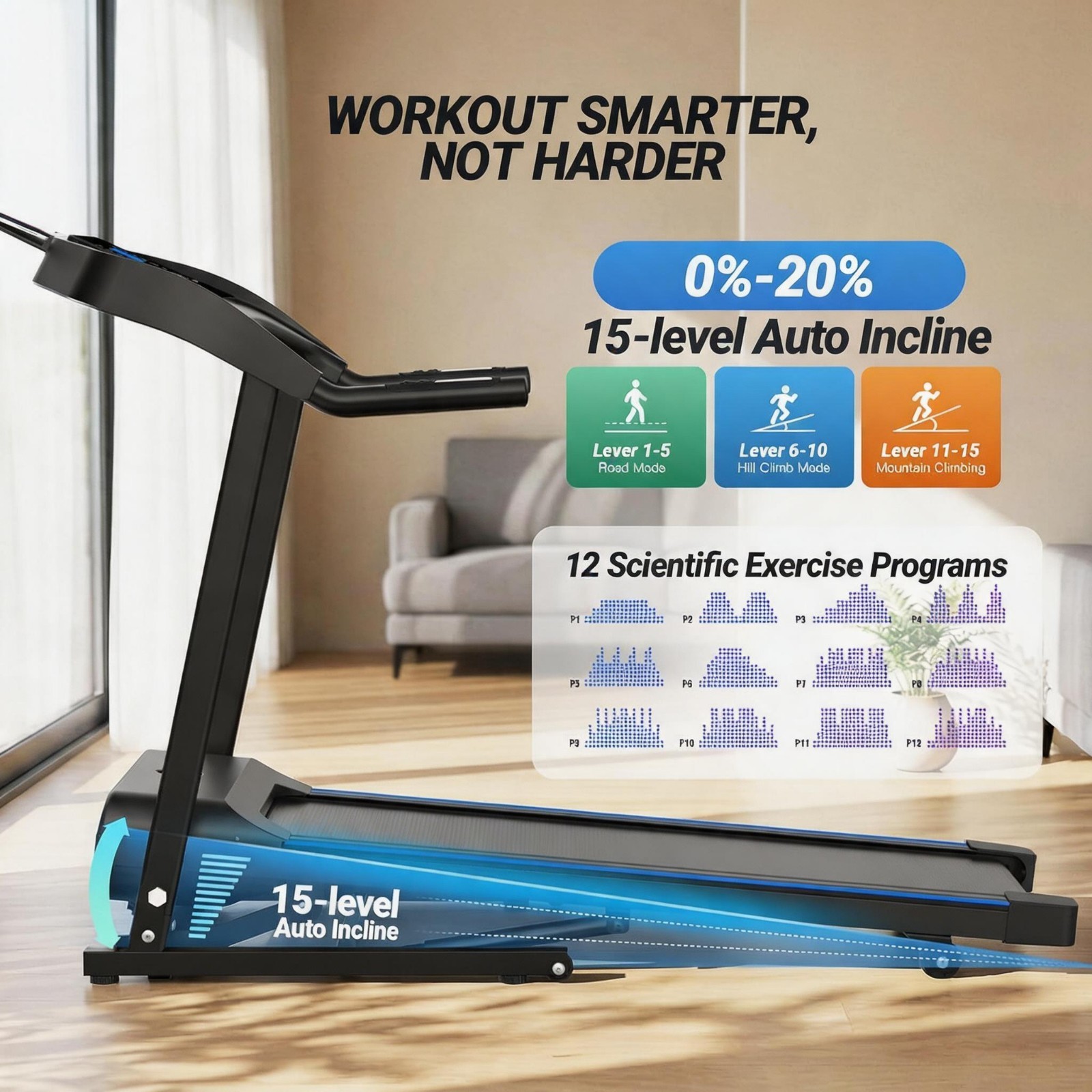 4.5HP Heavy Duty Treadmill with 20% Auto Incline Folding Running Machine 400 lbs