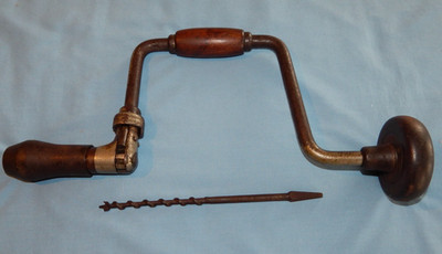 Vintage 14  Hand Brace Drill   Wood Knobs   With Dunlap Bit - Works Well