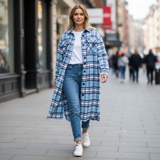 Longline Shirt Jacket Women's Blue Check Lightweight Coat Long Shirt Cardigan