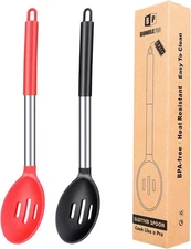 Pack of 2 Large Silicone Slotted Spoon Kitchen Skimmer with High Black- Red 